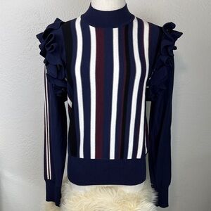 RARE Halogen Convertible Ruffle Striped Sweater Zip-Off Sleeves Navy Small
